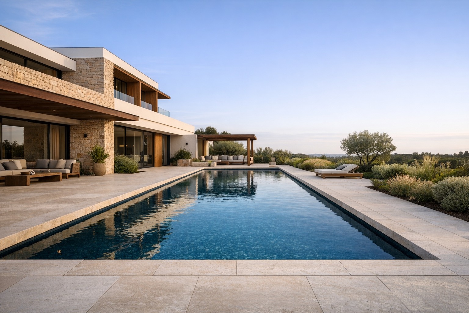 Vista premium de uma piscina exterior minimalista junto a uma casa contemporânea